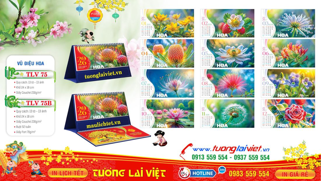 Mẫu Lịch Bàn 13 Tờ Hoa Nghệ Thuật